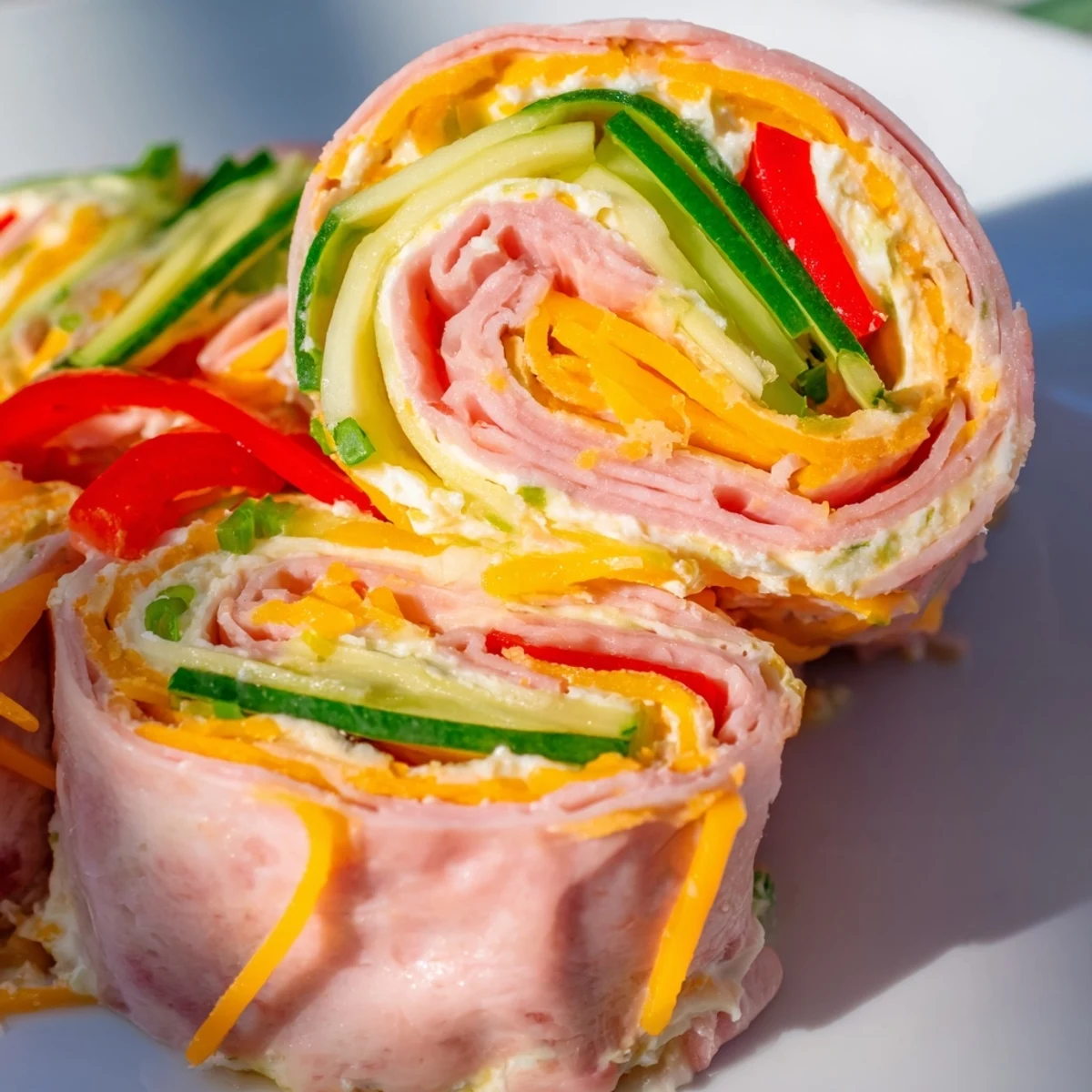 Low-carb keto ham roll ups featuring cheddar cream cheese filling and colorful bell pepper strips