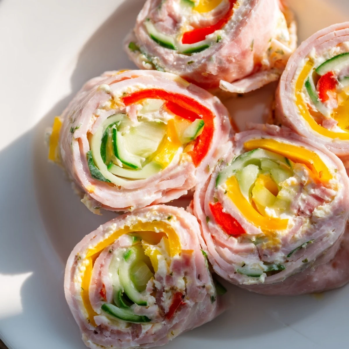 Bite-sized keto ham roll ups arranged on serving platter with cucumber and red pepper strips