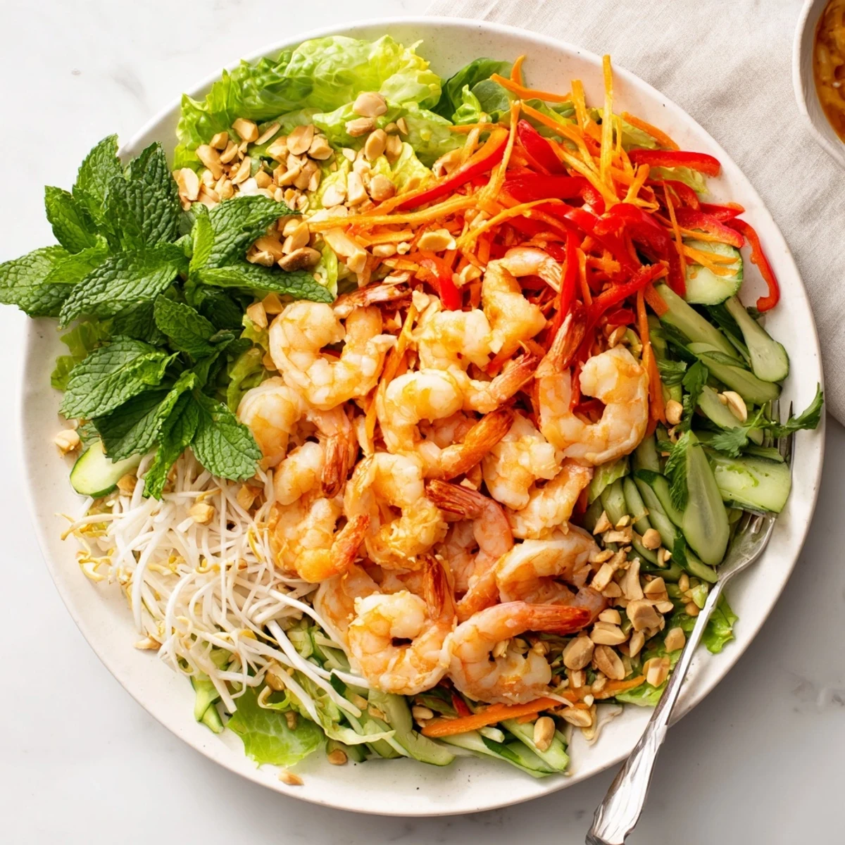 Colorful spring roll salad bowl with crisp vegetables, shrimp, and spicy ginger dressing garnished with peanuts