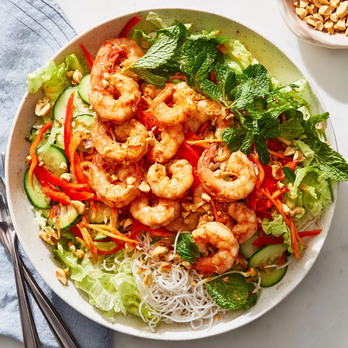 Fresh Vietnamese-style spring roll salad featuring julienned veggies, tender shrimp, and zesty ginger dressing