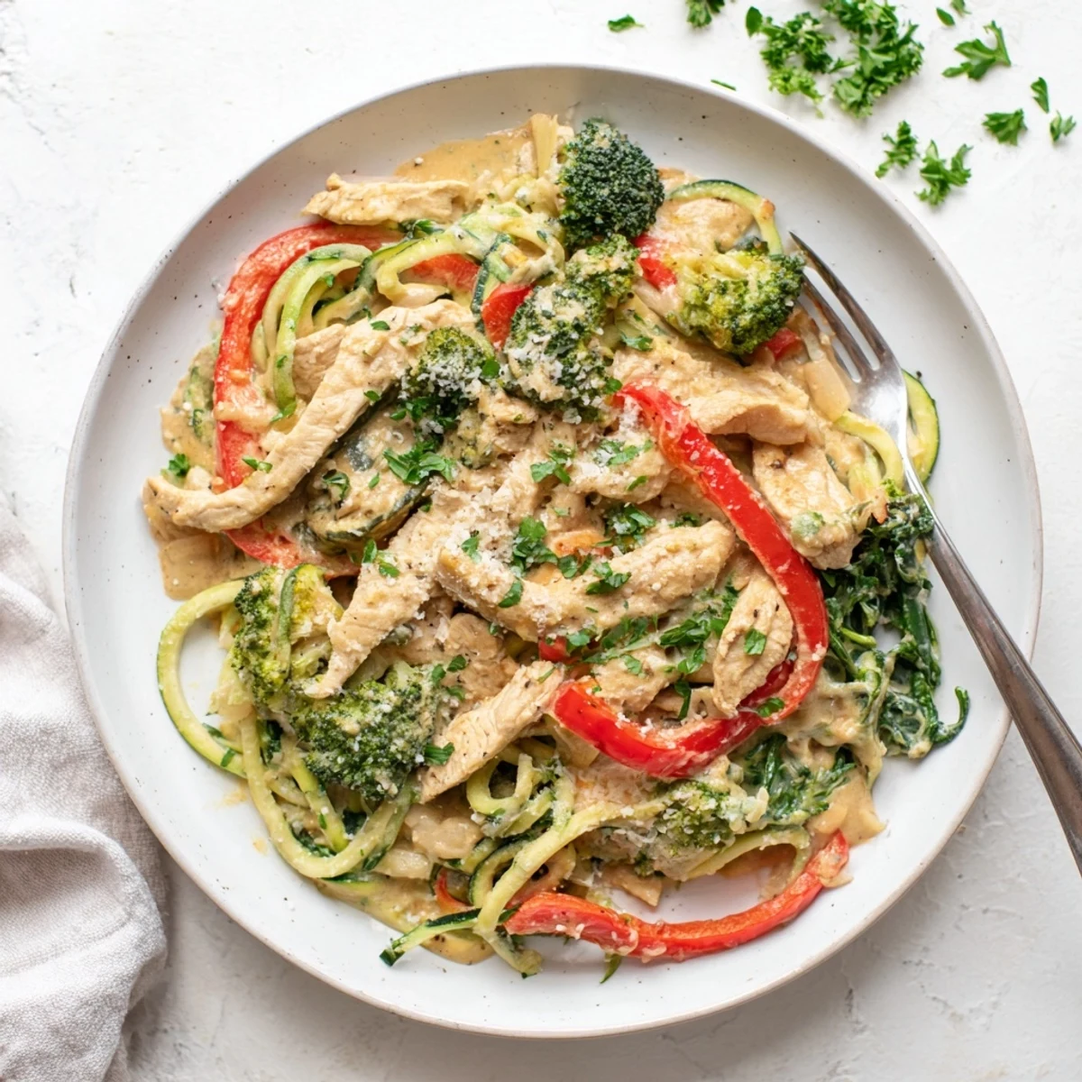 Creamy zucchini noodle chicken alfredo bowl topped with colorful broccoli, red peppers, and fresh parsley garnish.