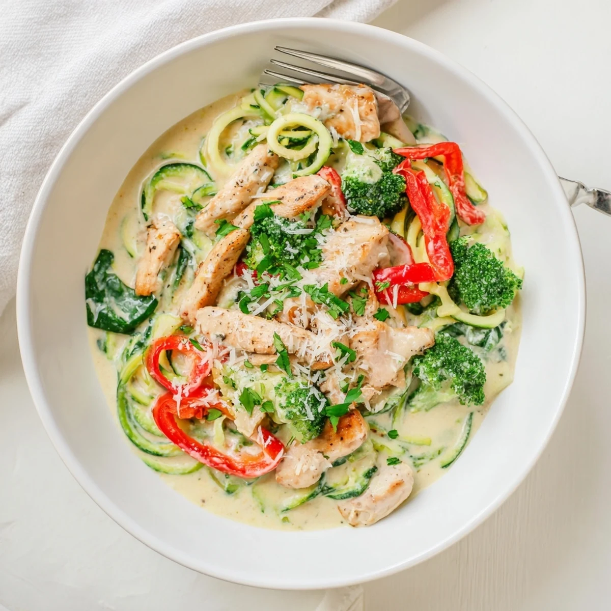 Golden chicken strips spiralized into zucchini noodles with rich parmesan alfredo sauce and vibrant mixed vegetables.