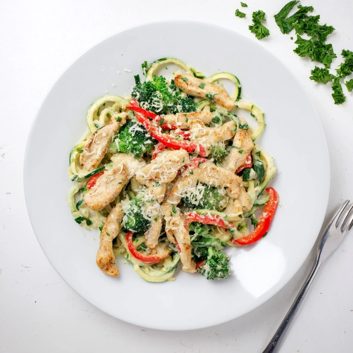 Light protein-packed zucchini noodle chicken alfredo featuring tender breast pieces, wilted spinach, and grated parmesan.
