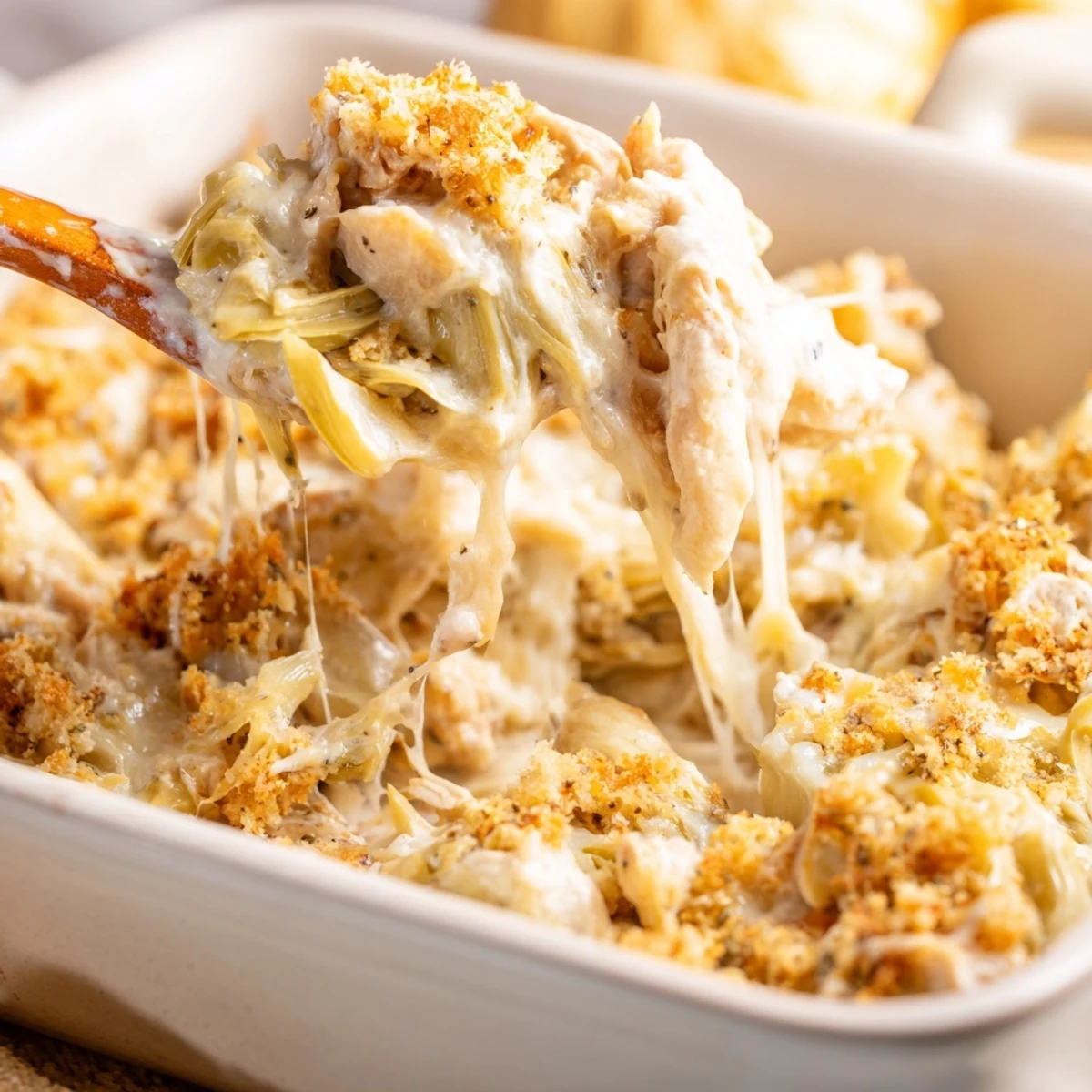 Creamy artichoke chicken bake casserole with melted mozzarella and tender chicken pieces