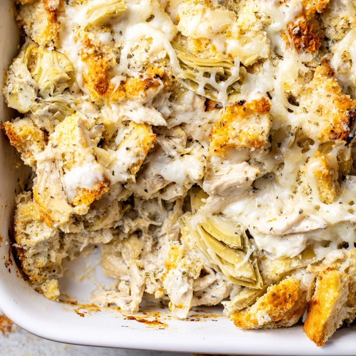 Golden brown artichoke chicken bake with bubbling cheese and crispy breadcrumb topping