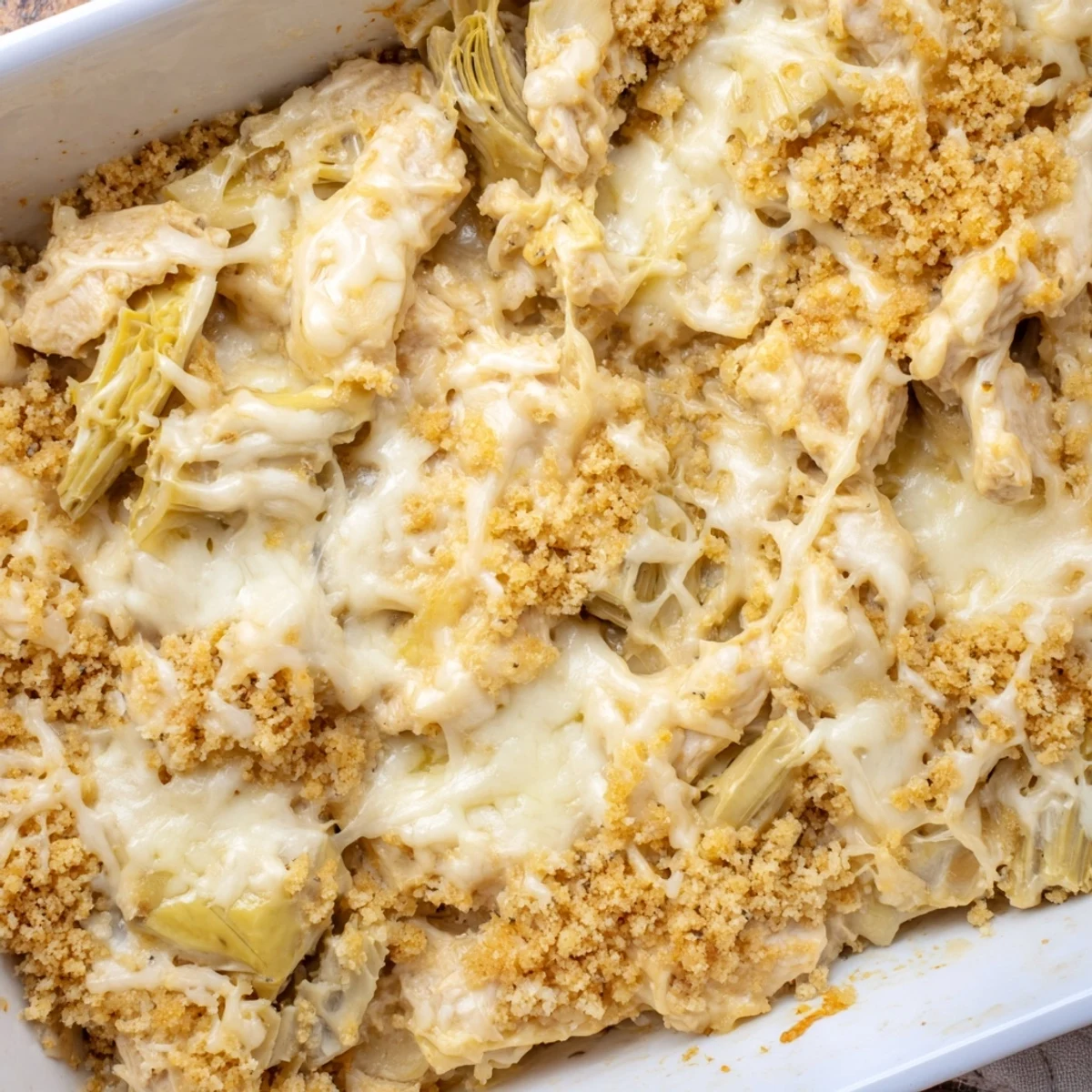 Artichoke chicken bake topped with golden parmesan crumbs served in a white baking dish