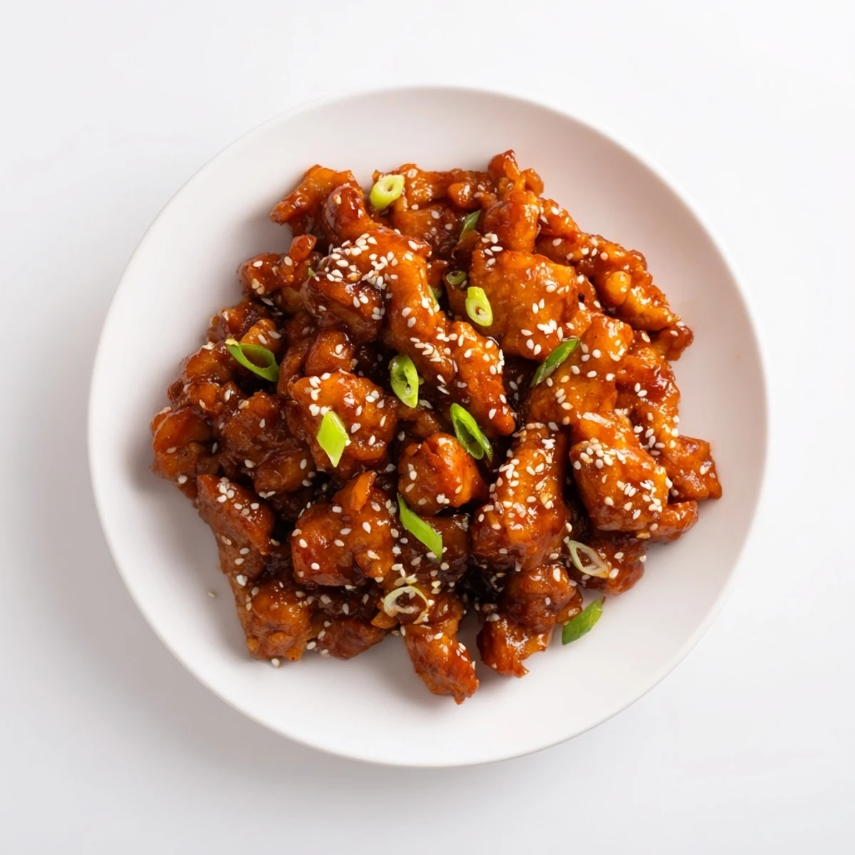 Tender shredded chicken pieces coated in thick savory sesame sauce with white speckles