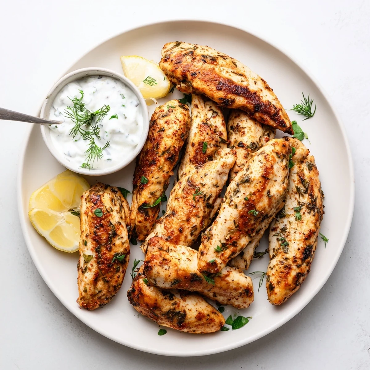 Golden pan-seared Mediterranean chicken tenders served with creamy lemon-garlic yogurt dip and fresh parsley garnish
