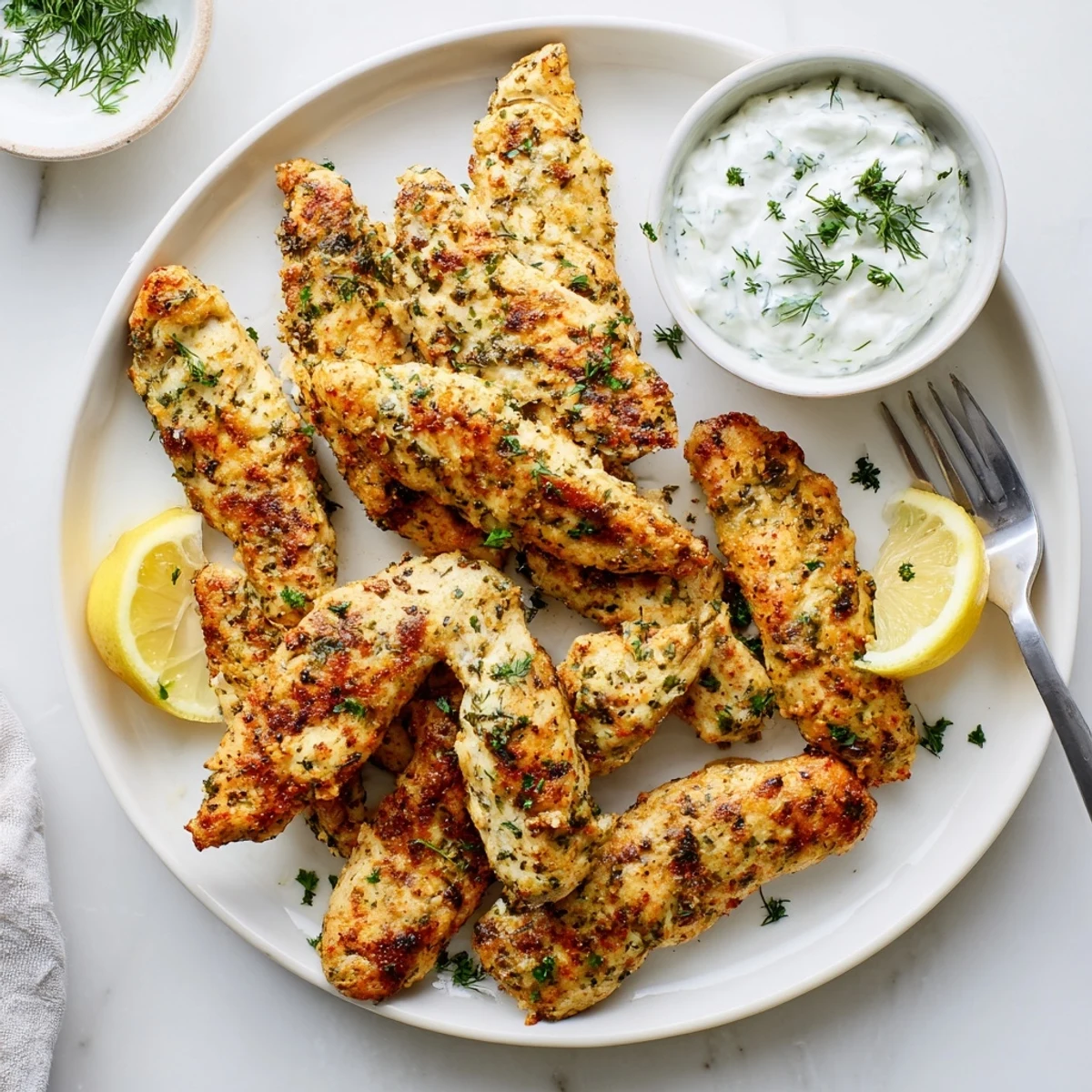 Juicy herb-marinated Mediterranean chicken tenders resting beside tangy Greek yogurt sauce and lemon wedges on a white plate