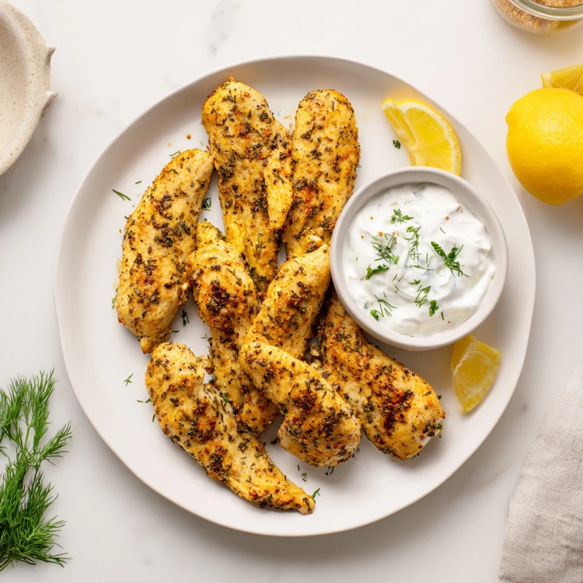 Perfectly cooked Mediterranean chicken tenders with golden crispy edges paired with refreshing dill yogurt dipping sauce