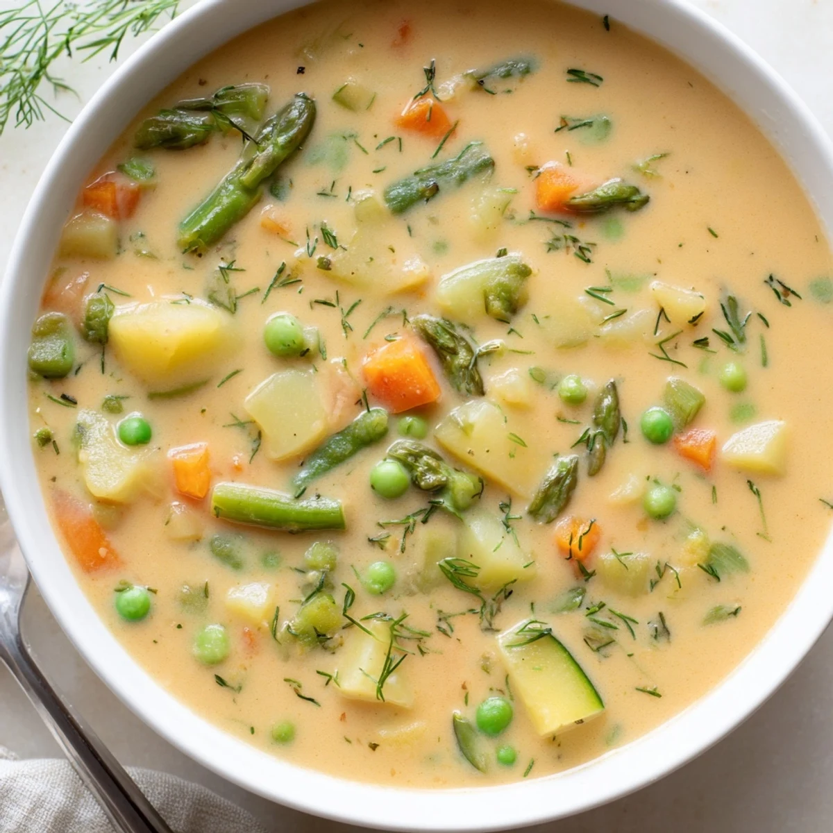 Creamy spring vegetable soup bowl garnished with fresh dill and crusty bread on wooden table