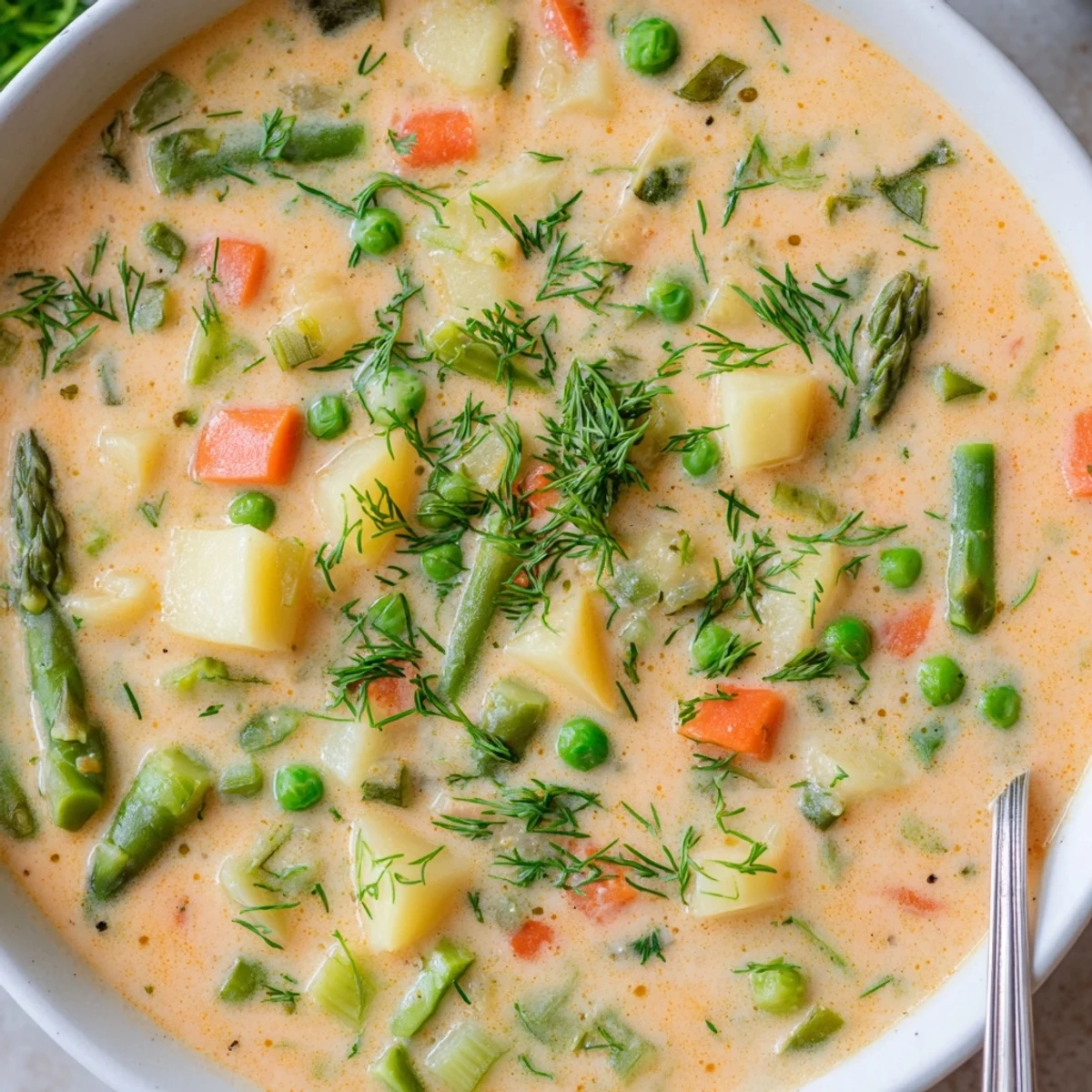 Velvety smooth spring vegetable soup featuring bright green asparagus peas and herbs in white bowl