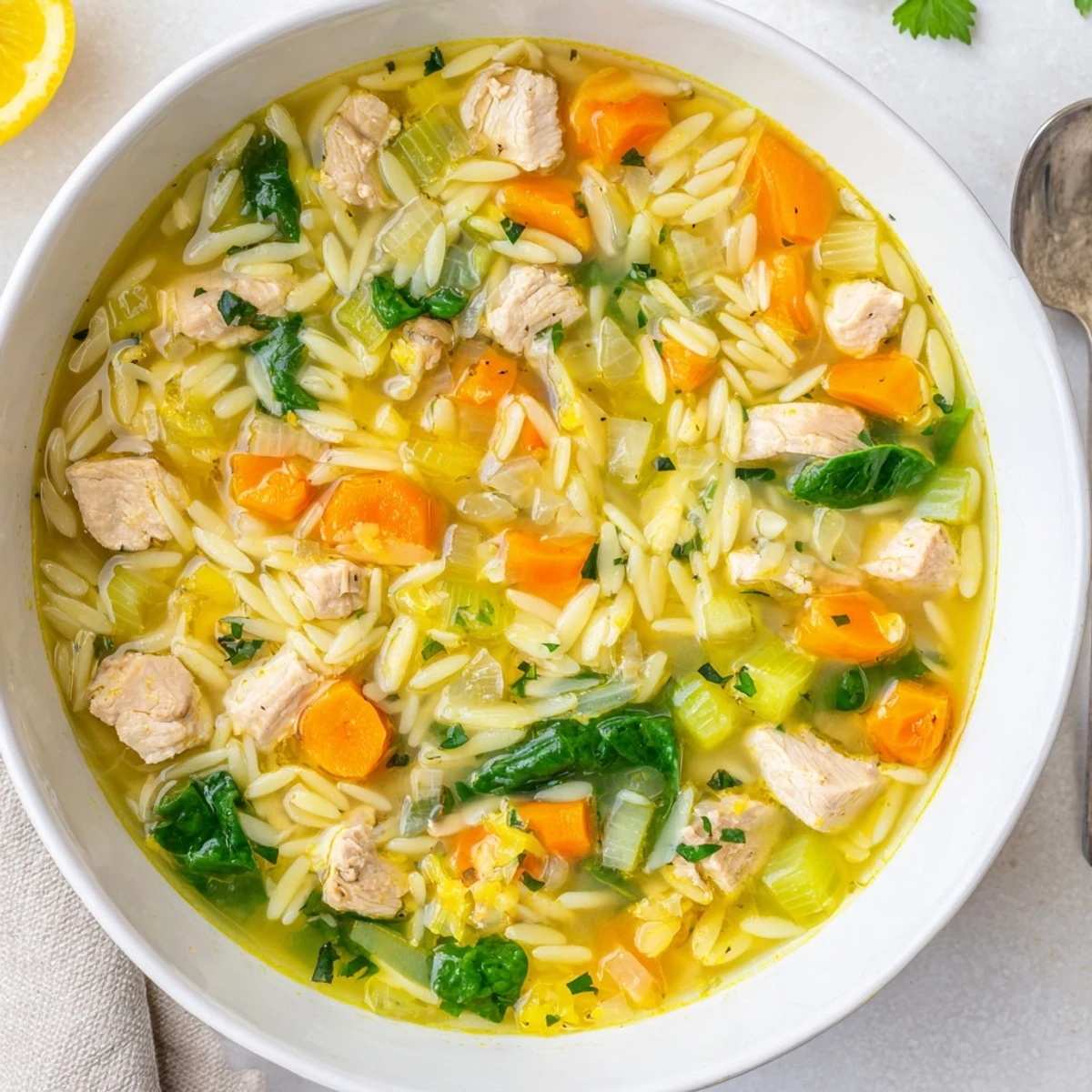 Steaming bowl of Spring Lemon Chicken Orzo Soup garnished with fresh parsley and parmesan over a rustic wooden table