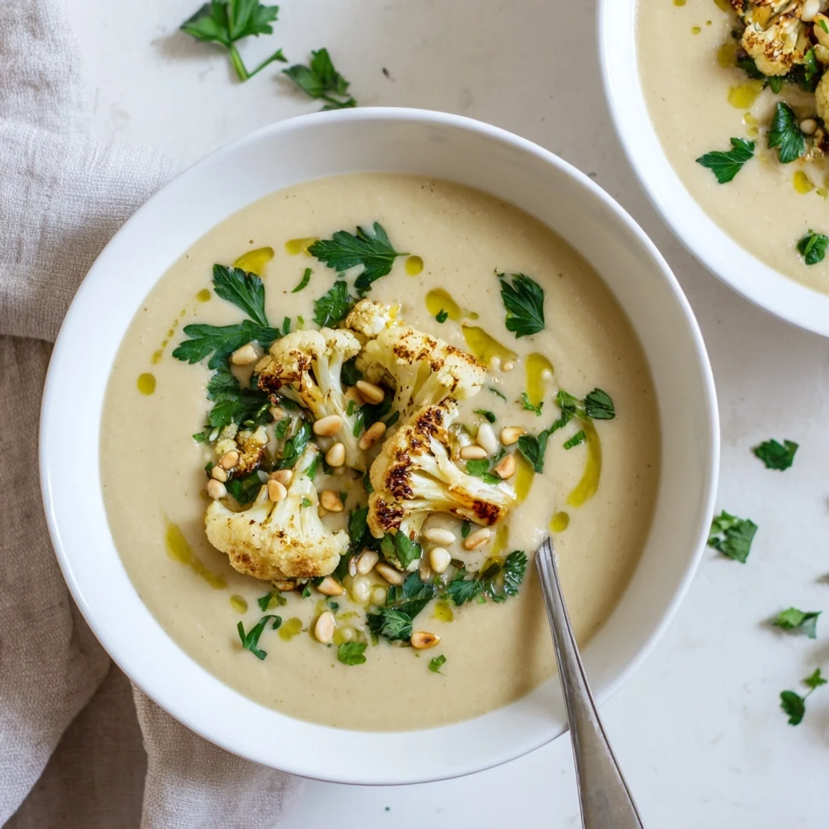 Creamy Mediterranean cauliflower soup garnished with fresh parsley, toasted pine nuts, and olive oil drizzle
