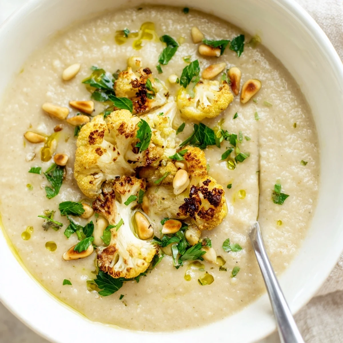 Golden roasted cauliflower soup with aromatic herbs served in rustic bowls with crusty bread