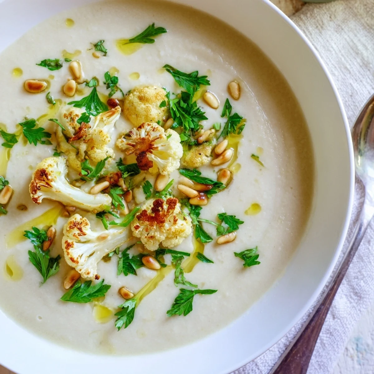 Velvety smooth Mediterranean cauliflower soup featuring roasted florets, lemon brightness, and crunchy pine nut topping