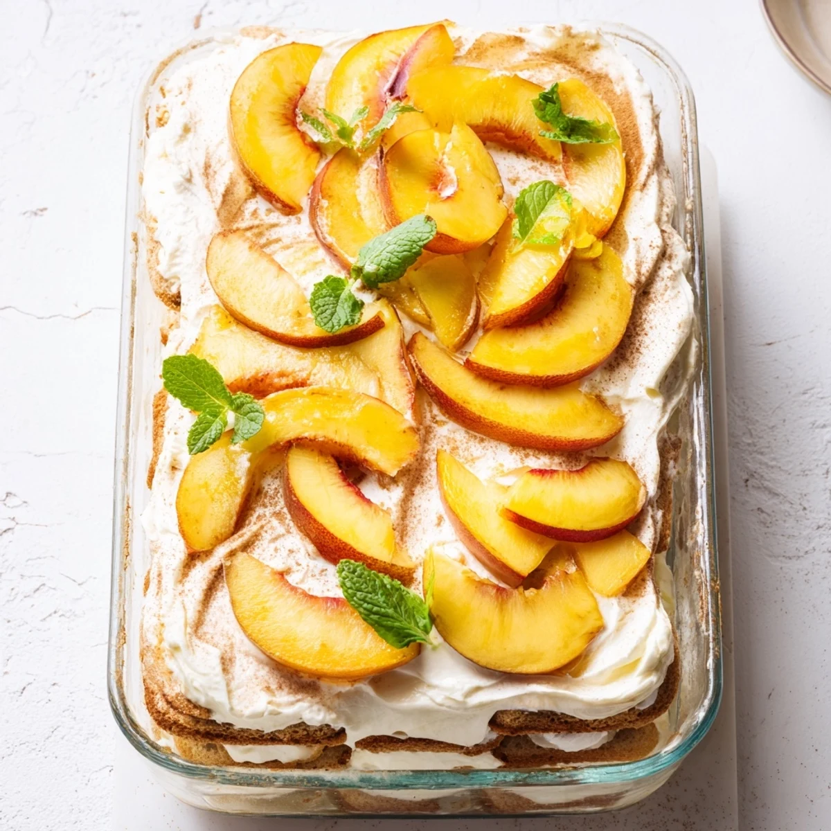 Golden peach slices topping Italian peach tiramisu with mint garnish and ladyfingers visible