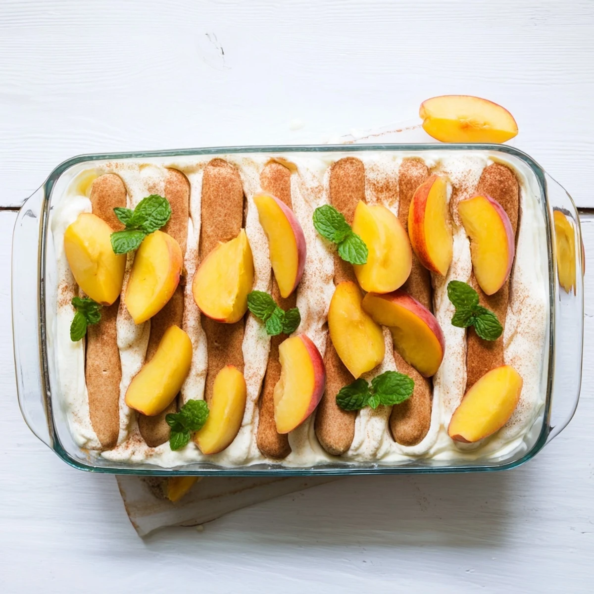 Peach tiramisu layered dessert with fresh sliced peaches and creamy mascarpone on a white plate