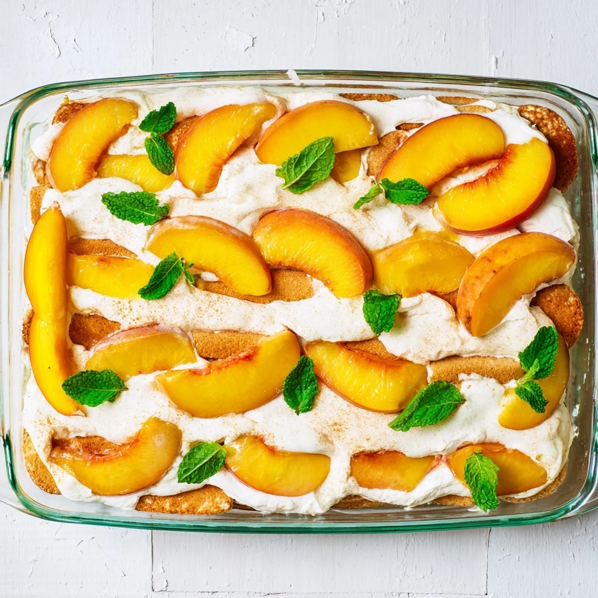 Summer peach tiramisu in a glass dish showing whipped cream layers and bright peaches