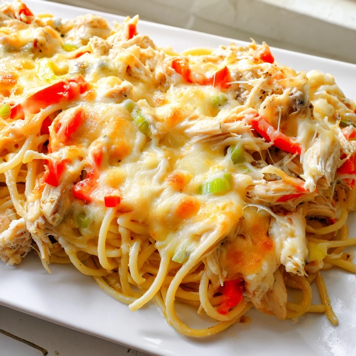Creamy Monterey Jack cheese sauce coats tender spaghetti and juicy chicken in this bubbling comfort food