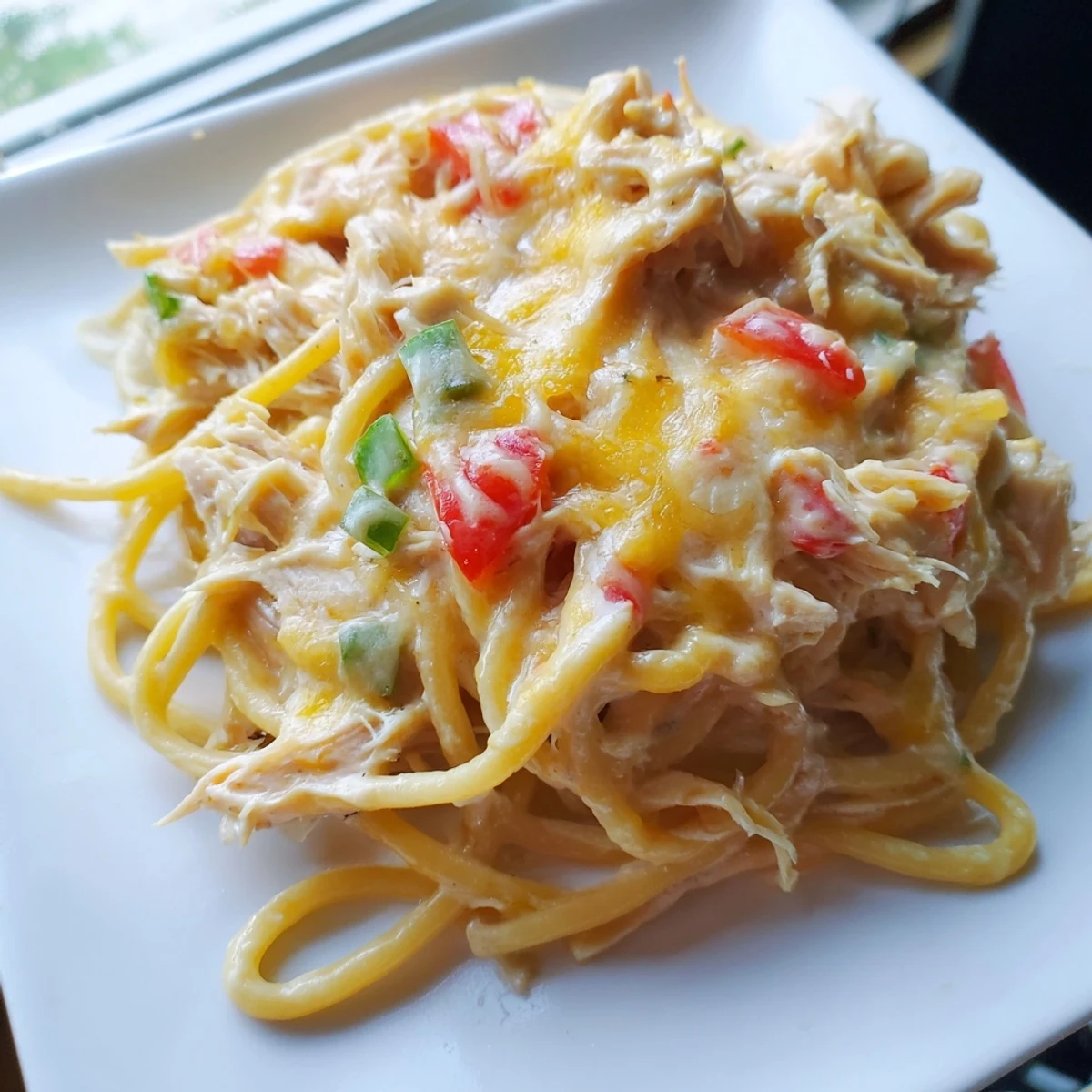 Serving of Monterey Chicken Spaghetti showing rich creamy pasta with shredded chicken and colorful vegetable pieces