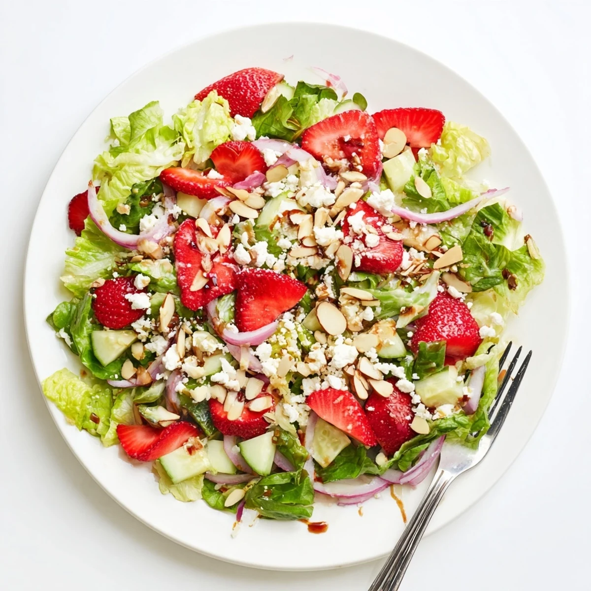 Fresh crunchy strawberry romaine feta salad topped with toasted almonds in a white bowl
