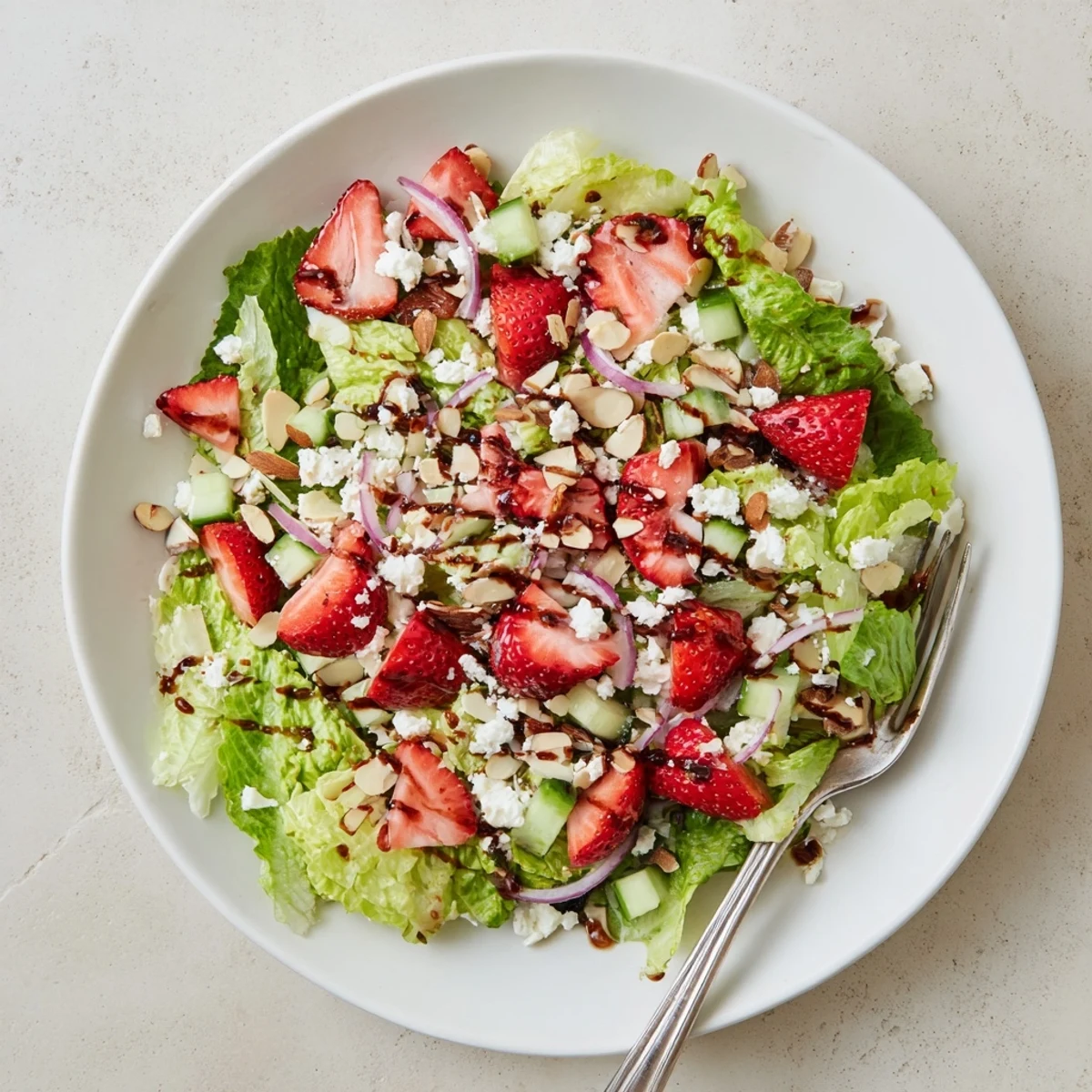 Light vegetarian lunch salad showcasing romaine lettuce, sweet strawberries, tangy feta, and crunchy almonds