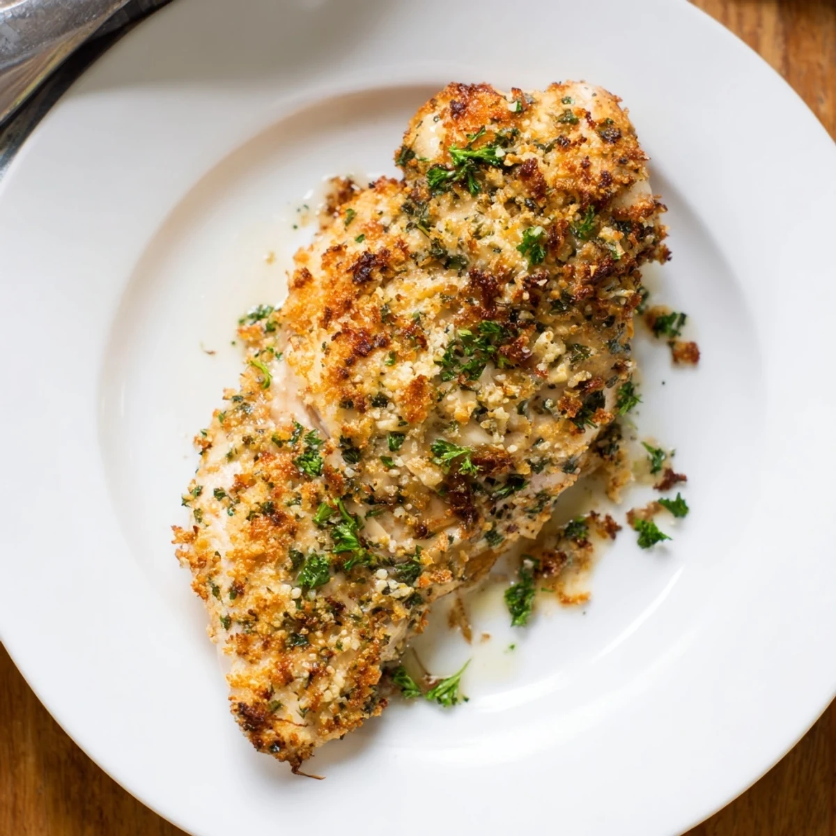 Juicy oven baked Parmesan crusted chicken with crispy coating and smooth garlic parmesan sauce