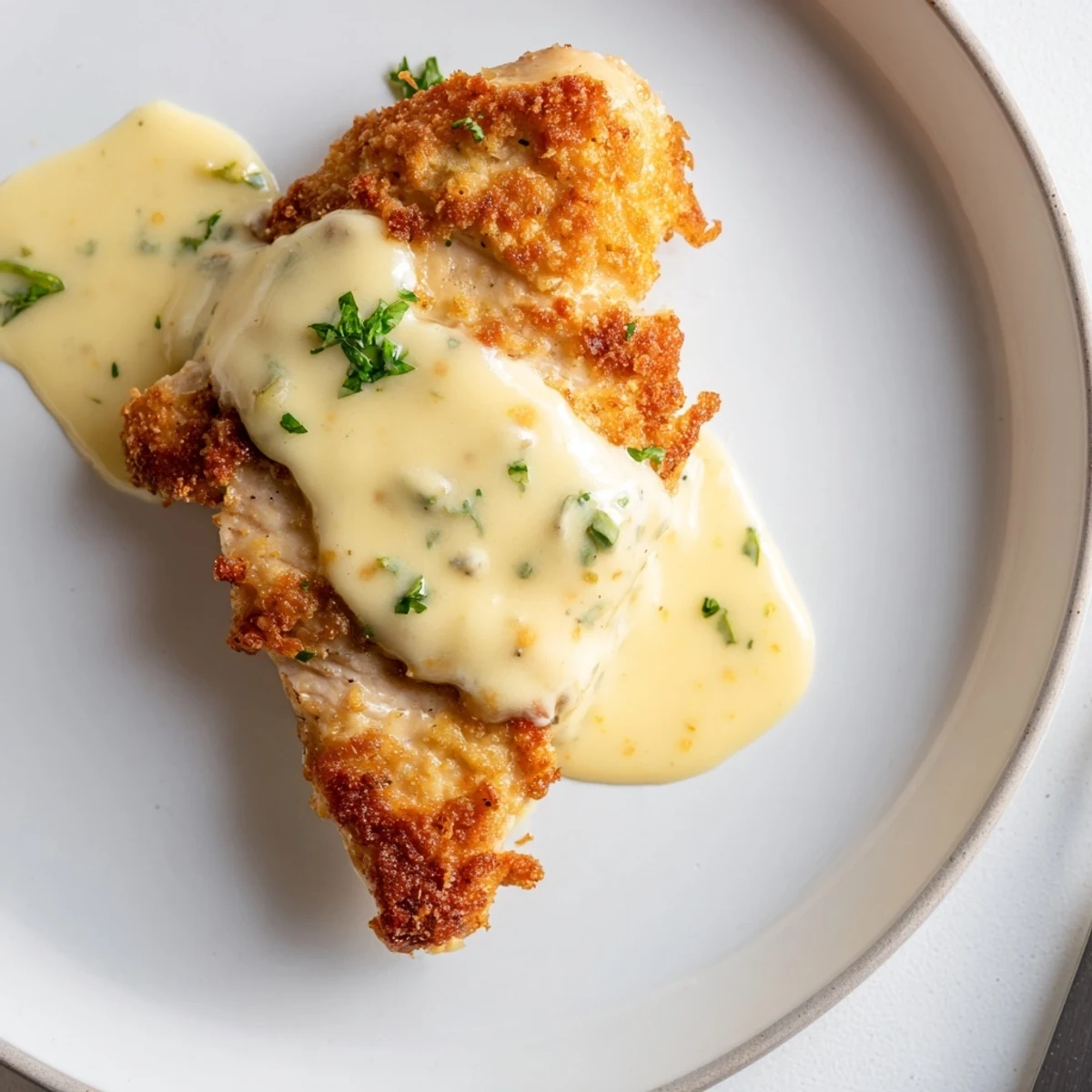 Golden brown Parmesan crusted chicken breasts drizzled with rich creamy garlic sauce