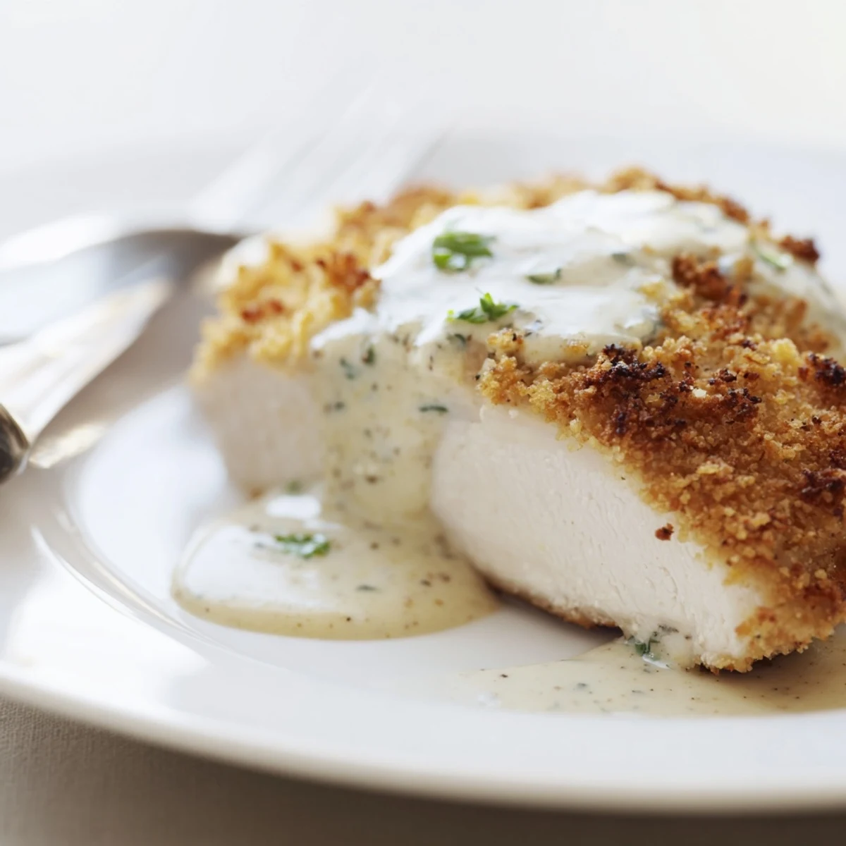 Pan seared chicken with golden Parmesan breadcrumb crust topped with white cream garlic sauce