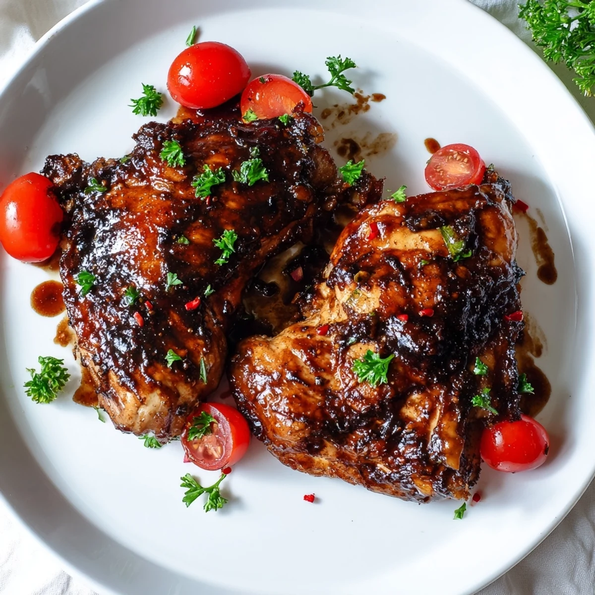 Golden brown balsamic baked chicken breast with caramelized glaze and fresh parsley garnish on a white serving plate
