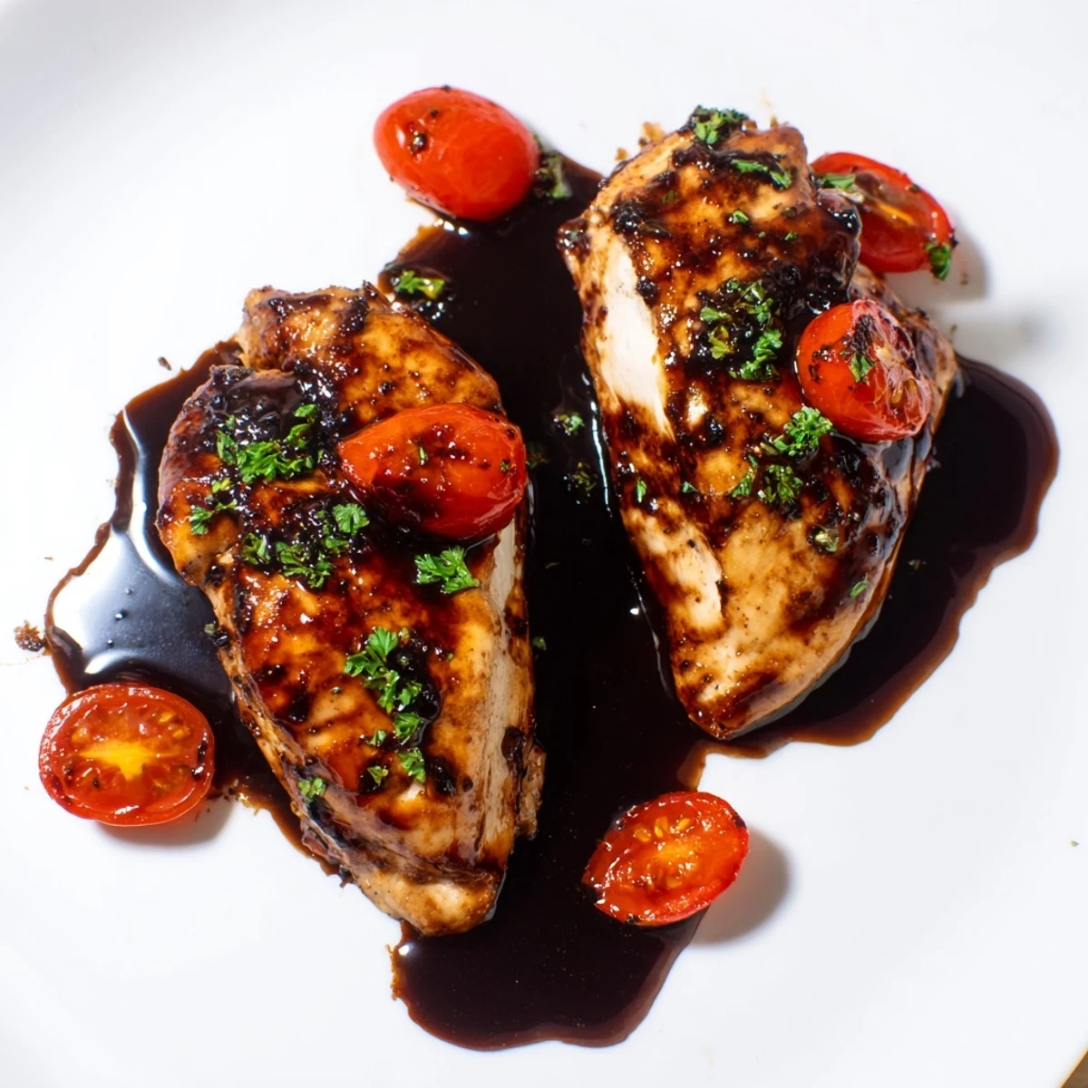 Juicy oven-baked chicken breast pieces coated in rich tangy balsamic glaze alongside halved cherry tomatoes