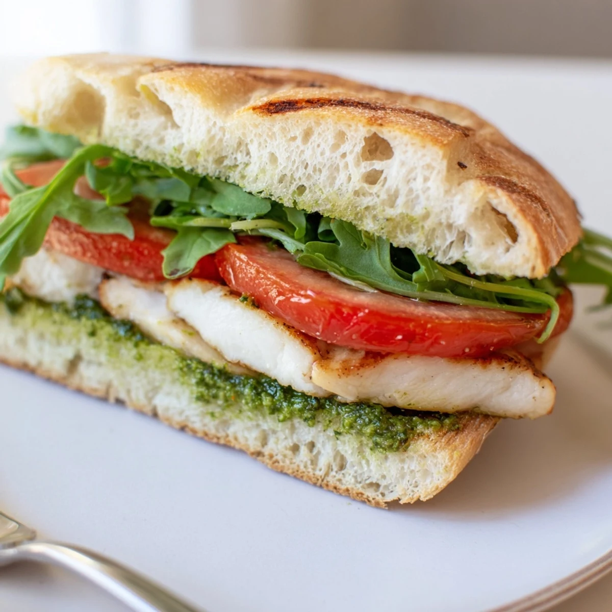 Golden chicken pesto sandwich layered with melted mozzarella on toasted ciabatta with fresh tomato slices