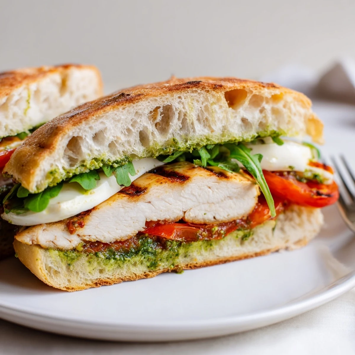 Sliced grilled chicken pesto sandwich overflowing with arugula and juicy tomatoes on artisan bread