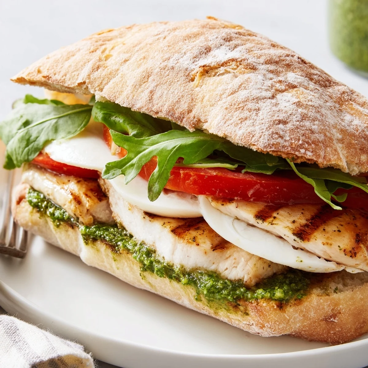 Close-up of chicken pesto sandwich featuring crispy grilled cutlets and creamy melted cheese layers