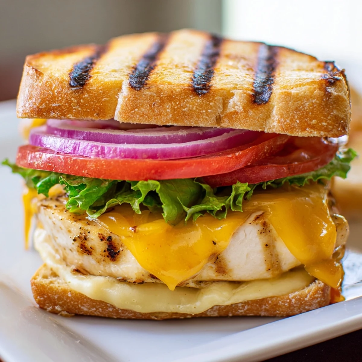 Golden melted cheddar cheese drapes over juicy grilled chicken breast sandwich with crisp romaine lettuce