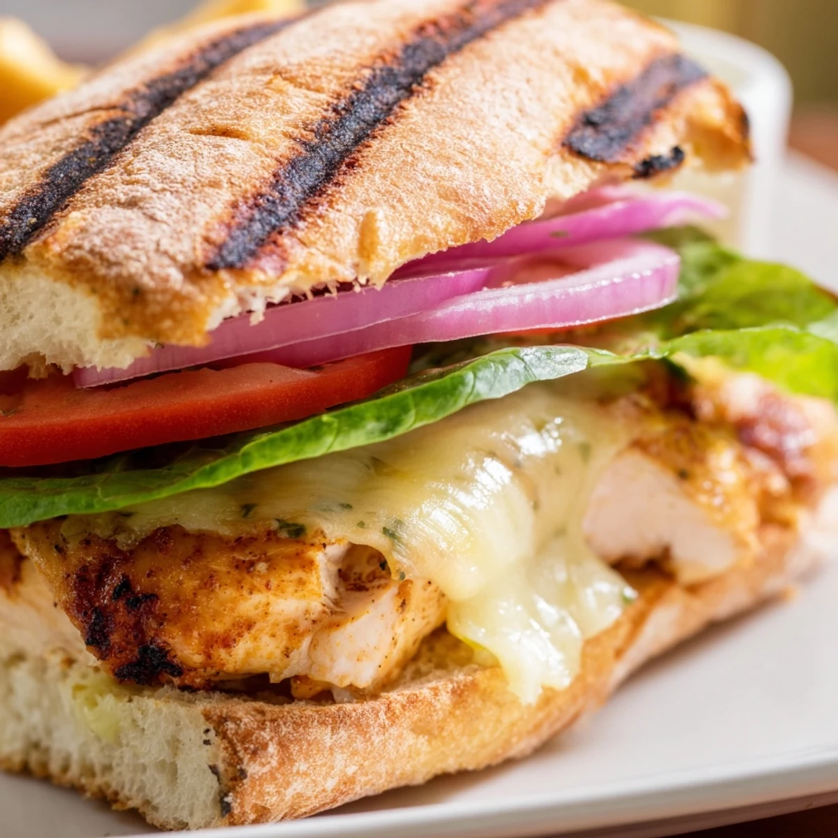Bite into this warm cheesy grilled chicken sandwich stacked with fresh tomato slices and red onion