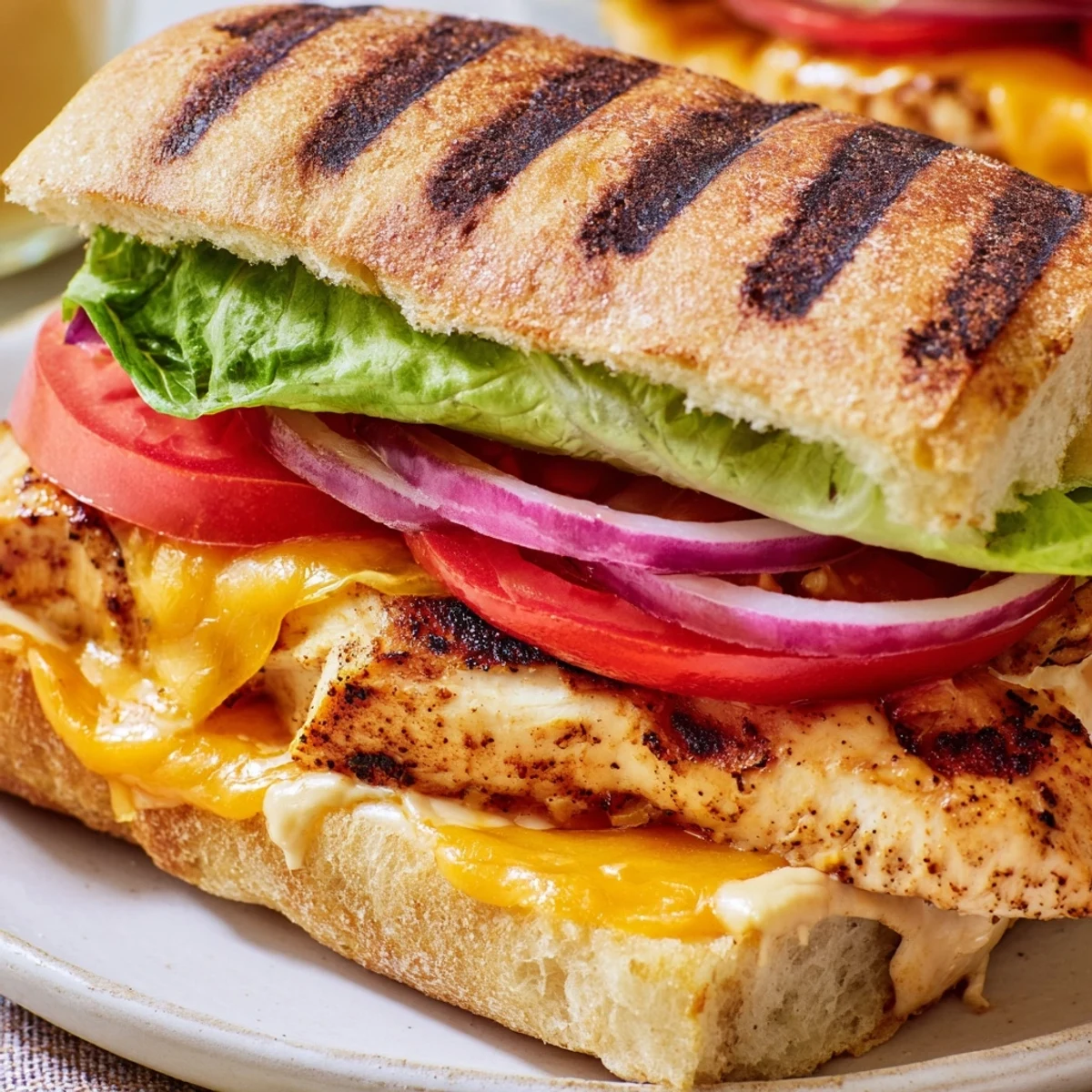 Toasted ciabatta bun overflowing with seasoned cheesy grilled chicken and tangy mustard mayonnaise sauce