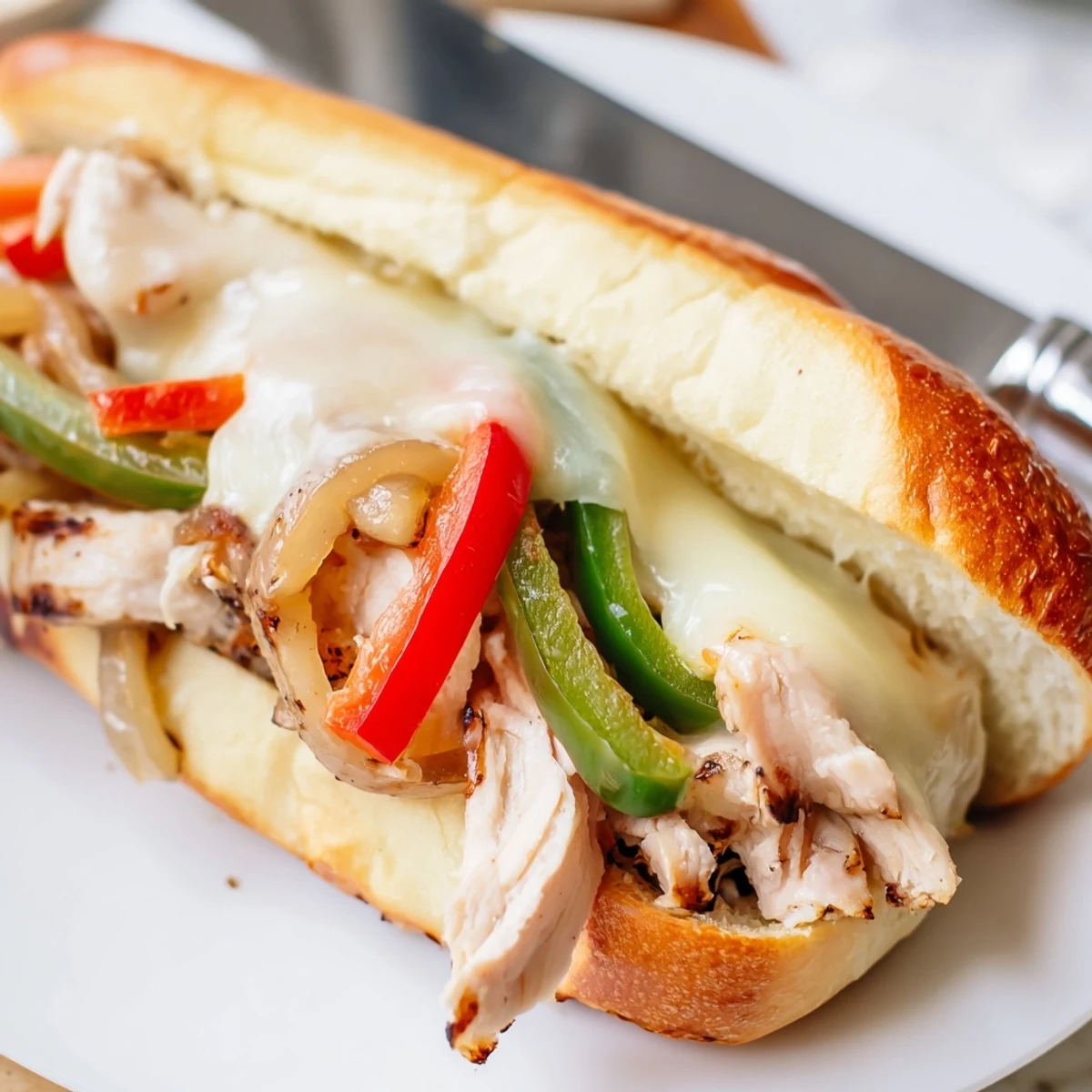 Golden melted provolone draped over tender chicken and colorful peppers nestled in toasted hoagie roll