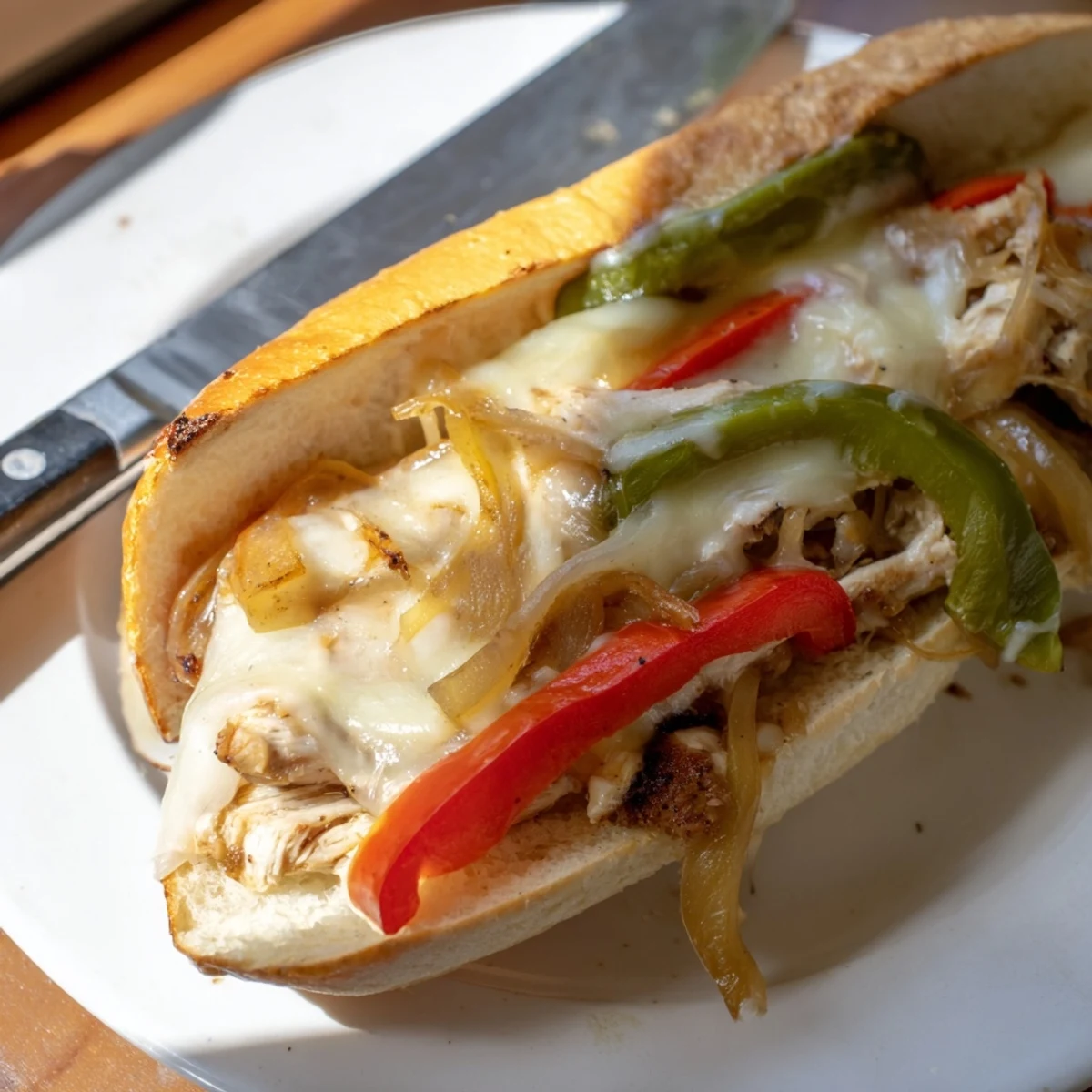 Savory chicken cheesesteak sandwich overflowing with sautéed onions, bell peppers, and gooey cheese on warm bread