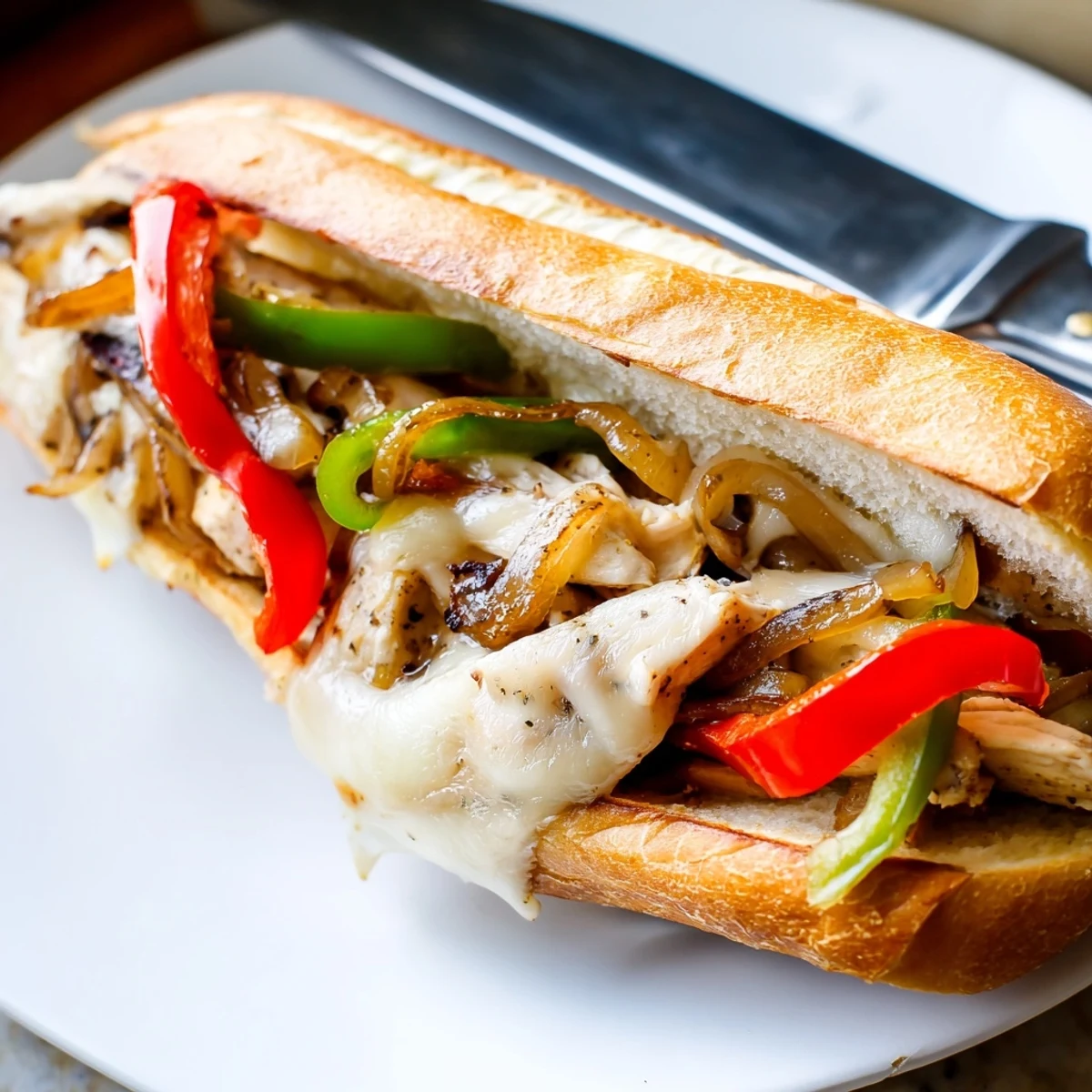 Hearty chicken cheesesteak sandwich stacked high with sliced chicken breast, caramelized vegetables, and melted provolone cheese