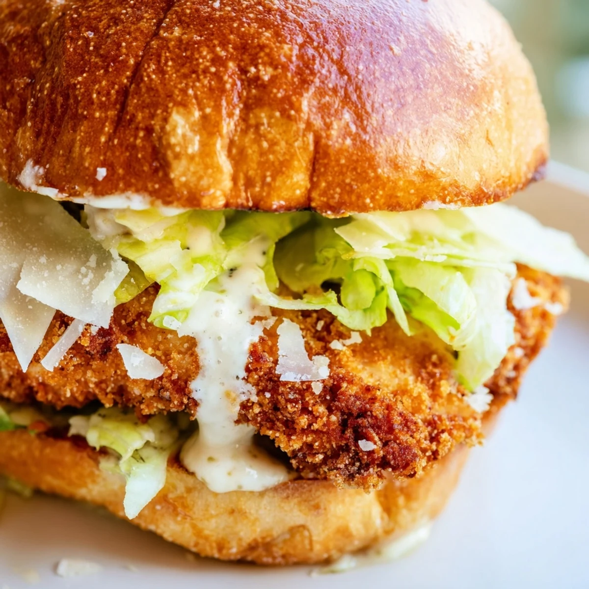 Golden crispy chicken breast fillet layered inside a toasted brioche bun with fresh romaine lettuce and creamy Caesar dressing