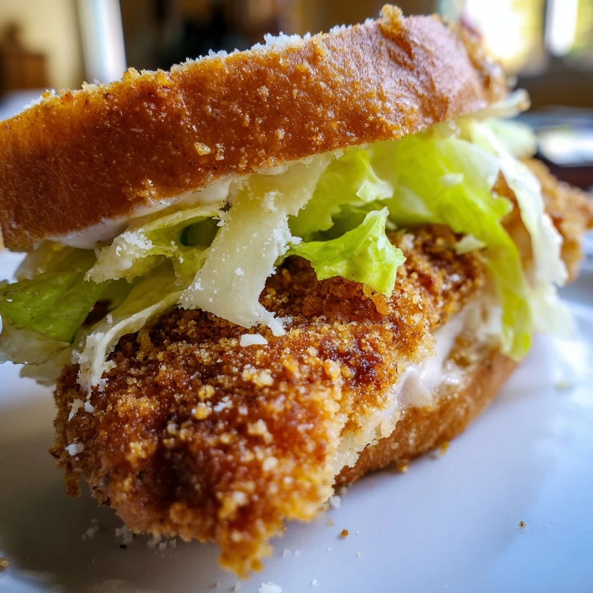 Crispy chicken Caesar sandwich featuring crunchy panko-coated chicken topped with shaved Parmesan and tangy dressing on a warm bun