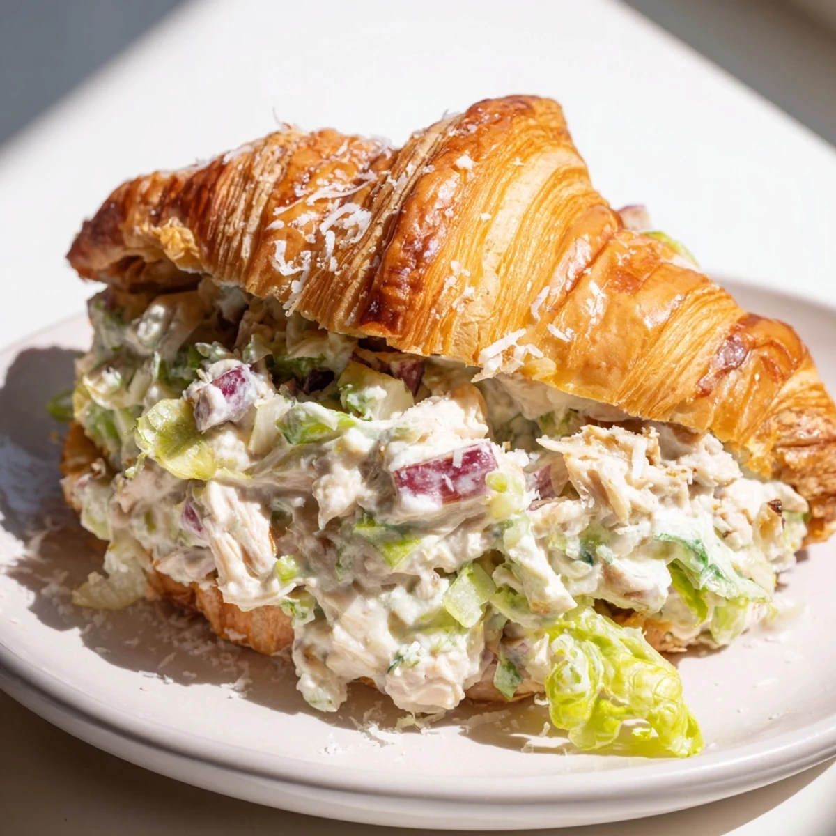 Golden croissant sandwich stuffed with creamy chicken Caesar salad and crisp romaine lettuce