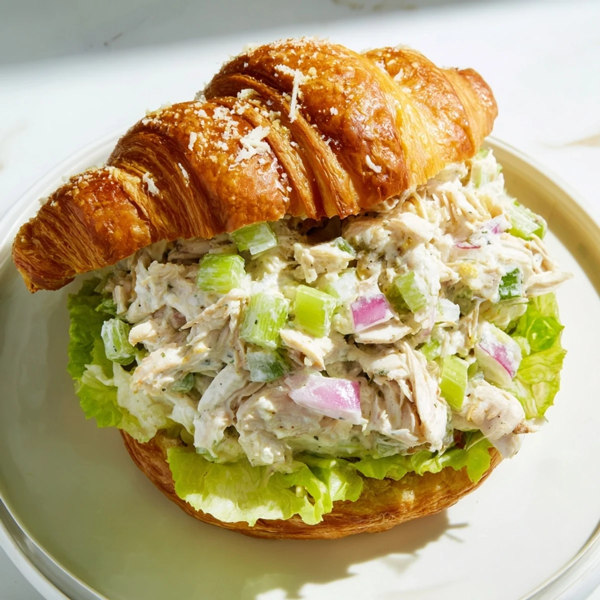 Flaky buttery croissant filled with Caesar-dressed chicken, crunchy celery, and shaved Parmesan cheese
