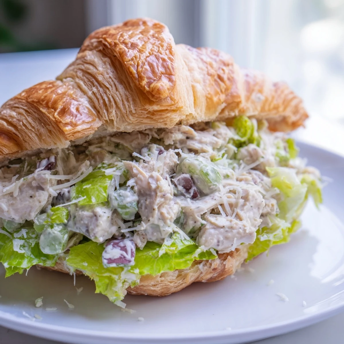 Halved croissant loaded with savory chicken Caesar salad, fresh lettuce, and extra cheese toppings