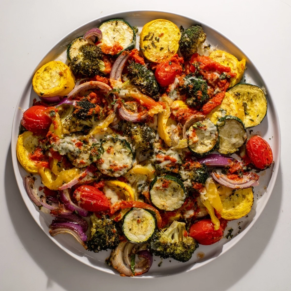 Colorful marry me roasted vegetable medley served on white platter with fresh basil garnish