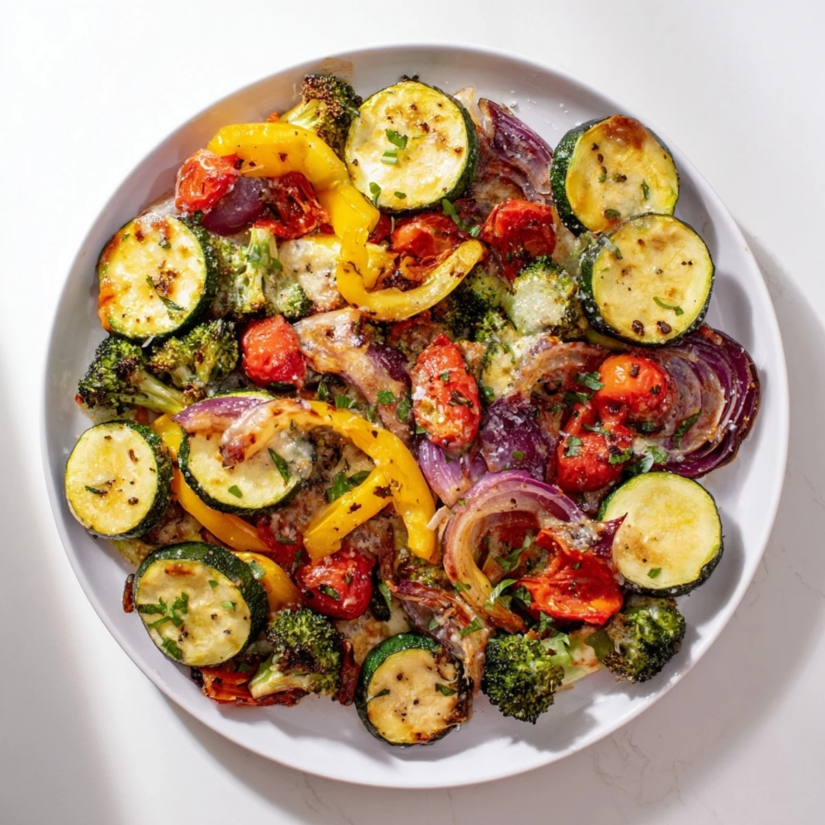 Tender oven-roasted vegetables drizzled with rich Parmesan sun-dried tomato cream sauce for dinner