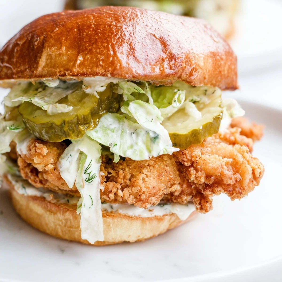 Golden brown crispy dill chicken sandwich layered with tangy pickles and fresh lettuce on toasted brioche bun