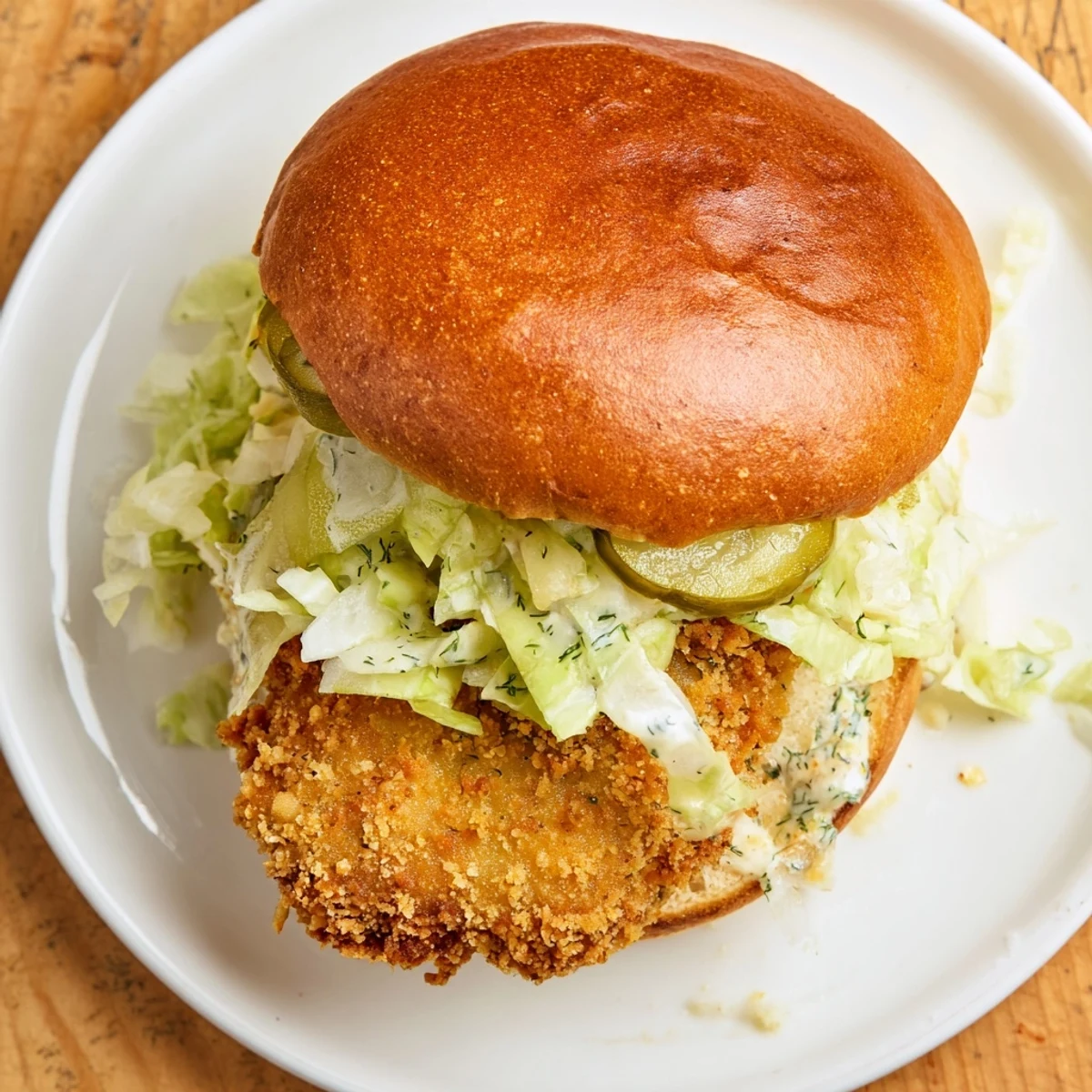 Close-up of crispy dill chicken sandwich overflowing with shredded lettuce and dill sauce on soft golden bun